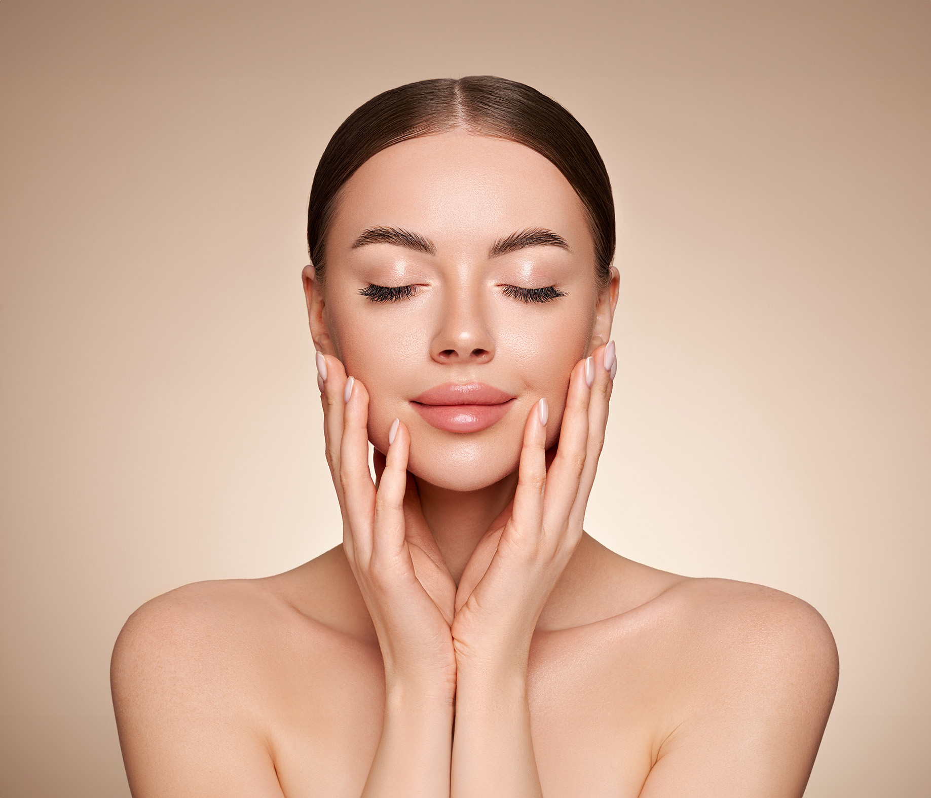 This is a close-up photograph of a woman with her eyes closed, showcasing her facial features including her skin texture, makeup application, and the contours of her face.
